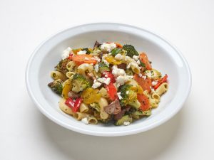 Roasted vegetable pasta with pesto and Parmesan Cheese